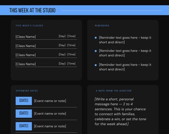 Dance Studio Parent Newsletter Template Canva Editable | Weekly Studio Update | Dance Teacher Resource | Blue