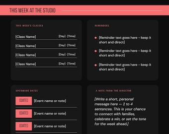 Dance Studio Parent Newsletter Template Canva Editable | Weekly Studio Update | Dance Teacher Resource [RED]