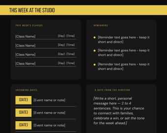 Dance Studio Parent Newsletter Template Canva Editable | Weekly Studio Update | Dance Teacher Resource | Gold