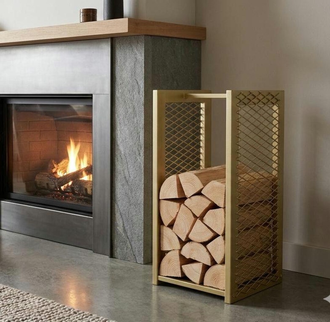 Log Rack Tower Mesh Firewood Holder - Modern Metal Log Rack for Indoor Fireplace ...
