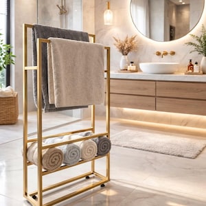 Modern Freestanding Towel Rack with Shelf – Minimalist Metal Bathroom Organizer