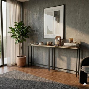 Slim Industrial Console Table, Modern Entryway Sofa Table, Wood Top