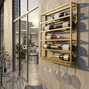 Può includere: Un portabottiglie in metallo color oro montato su un muro di cemento, che contiene diverse bottiglie di vino e calici. Il portabottiglie ha diversi ripiani per le bottiglie e un ripiano inferiore per appendere i bicchieri. La scena è ambientata all'aperto.
