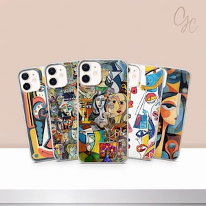 May include: Five phone cases with vibrant abstract art designs. Each case showcases a unique artistic style, including cubism and portraiture, with a range of colours and shapes. The cases are presented on a white surface.
