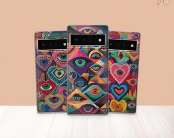 Evil Eye Phone Case Embroidered Nazar Cover for Pixel 10 Pro Xl 9A 8 7 6 iPhone 17 16 15 14 13 Samsung S26 S25 S24 A56 A17, Colorful Collage