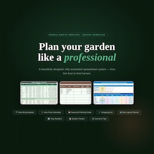 May include: A dark green graphic with the text "Plan your garden like a professional." The image showcases a Google Sheets template for gardening, including features like a plant encyclopedia and a bed layout planner.