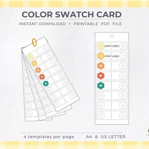 Può includere: Una scheda campionario colori con il testo "COLOR SWATCH CARD" e "INSTANT DOWNLOAD + PRINTABLE PDF FILE". La scheda presenta un design con campioni di colore a forma di fiore nei colori giallo, arancione, rosso e verde acqua. La scheda è progettata con 4 modelli per pagina ed è A4 & US LETTER.