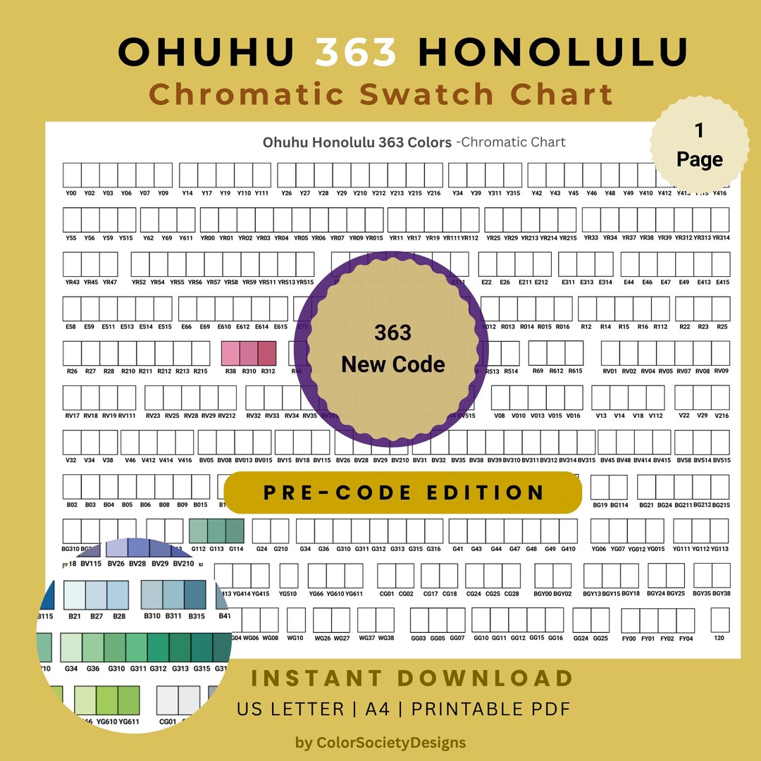 Ohuhu Honolulu 363 Color Marker Swatch Chart: New Code, Chromatic Color ...