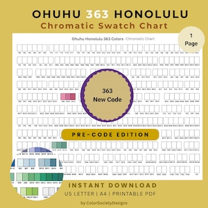 Puede incluir: Una carta de colores titulada "OHUHU 363 HONOLULU Chromatic Swatch Chart" con una cuadrícula de muestras de color. La carta incluye el texto "363 New Code" y "PRE-CODE EDITION". Disponible como descarga instantánea en US Letter y A4.