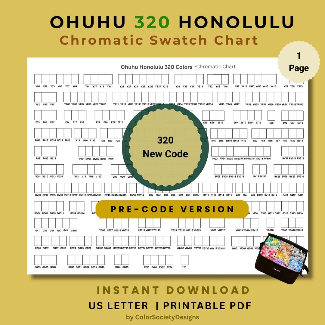 Ohuhu Honolulu 320 Color Marker Swatch Chart: New Code, Chromatic Color ...