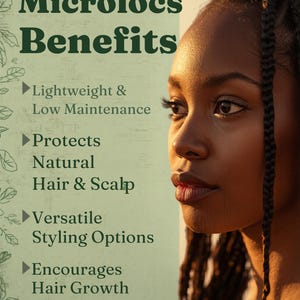 Puede incluir: Imagen que promociona los beneficios de los microlocs. El texto dice: "Efectos más saludables, Beneficios de los microlocs, Ligero y de bajo mantenimiento, Protege el cabello y el cuero cabelludo naturales, Opciones de peinado versátiles, Fomenta el crecimiento del cabello".