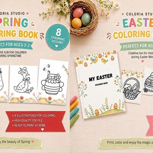 Puede incluir: Dos sets de libros de colorear digitales de Coloria Studio con temas de primavera y Pascua. Las imágenes muestran ilustraciones de líneas de animales, huevos y flores, junto con etiquetas de texto, un nido de pájaro y crayones de colores.