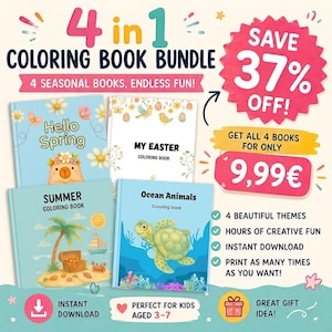 Kids coloring book Bundle Printable - 4 in 1 | Seasonal Coloring Books ( Spring Summer Easter Ocean Animals) | Digital PDF Download