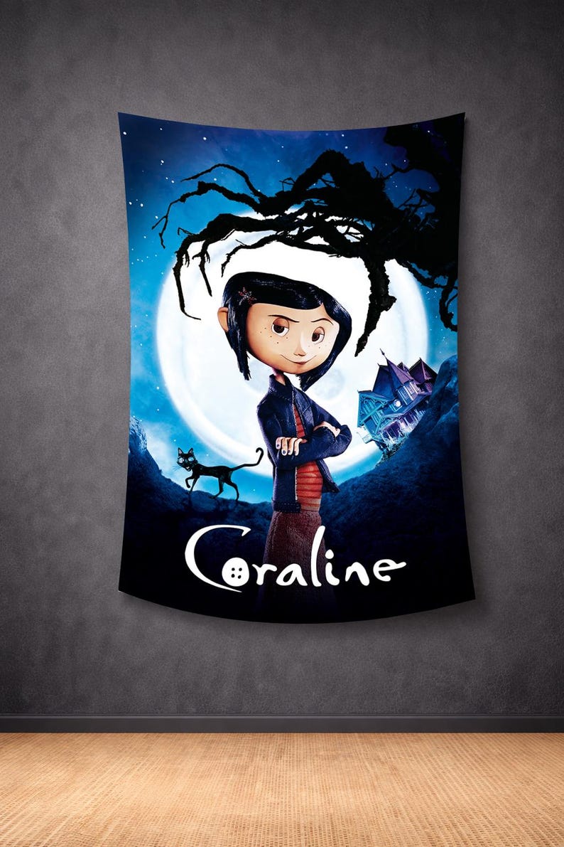 May include: A tapestry featuring the animated character Coraline, standing in front of a full moon. A black cat and a spooky house are also visible. The word "Coraline" is written in white script at the bottom.