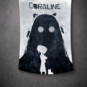 May include: A black and white tapestry featuring the word "CORALINE" at the top. The design includes a silhouette of a large figure with button eyes, surrounded by rats, and a girl with a cat at the bottom.