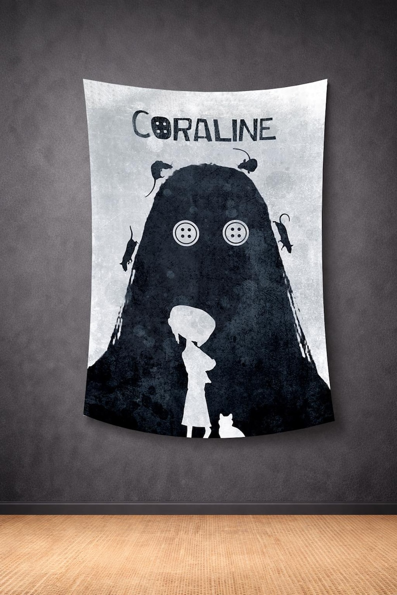 May include: A black and white tapestry featuring the word "CORALINE" at the top. The design includes a silhouette of a large figure with button eyes, surrounded by rats, and a girl with a cat at the bottom.