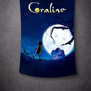 May include: A dark blue tapestry featuring the word "Coraline" in yellow script with a button as the letter "O". The image depicts a scene with a full moon, a silhouetted figure, a black cat, and a haunted house.