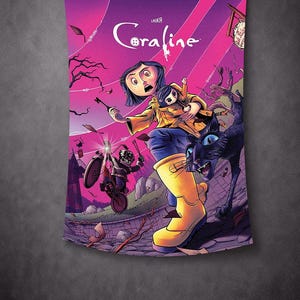 May include: A tapestry featuring a vibrant illustration from the movie "Coraline." The artwork depicts a girl in a yellow coat and boots, holding a doll, with a black cat and other characters against a purple and pink background. The word "Coraline" is written in a stylized font.