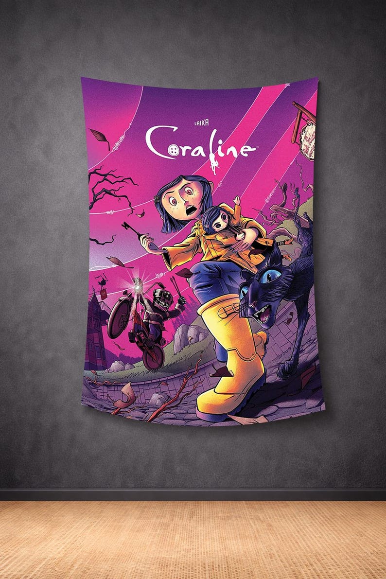 May include: A tapestry featuring a vibrant illustration from the movie "Coraline." The artwork depicts a girl in a yellow coat and boots, holding a doll, with a black cat and other characters against a purple and pink background. The word "Coraline" is written in a stylized font.