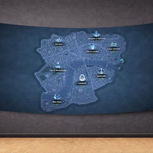 May include: A blue map of London, England, displayed as a wall hanging. The map highlights districts such as Camden, City of Westminster, and Tower Hamlets. The map is detailed with streets and landmarks.