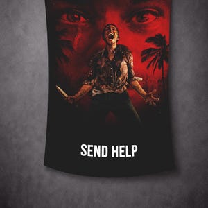 May include: A red and black wall tapestry featuring a distressed image of a person screaming and holding a knife. The text "SEND HELP" is printed in white at the bottom. Palm trees and a face are in the background.