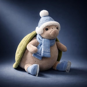 Puede incluir: Un peluche de tortuga con un gorro de invierno azul claro con un pompón blanco, una bufanda a juego y patines de hielo. La tortuga tiene un caparazón verde y está sentada sobre una superficie azul.