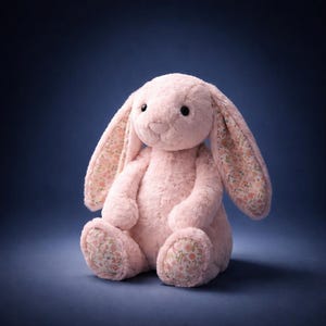May include: A soft pink bunny toy with long ears. The inner ears and foot pads display a floral pattern in pink, peach, and green. The bunny has black eyes and a fluffy texture, perfect for cuddling. A charming children's toy.