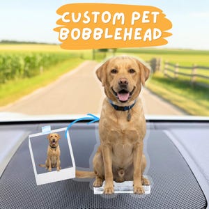 May include: A custom pet bobblehead of a golden Labrador Retriever, sitting on a dashboard. The dog wears a blue collar and is smiling. The text "CUSTOM PET BOBBLEHEAD" is in an orange banner above the dog.
