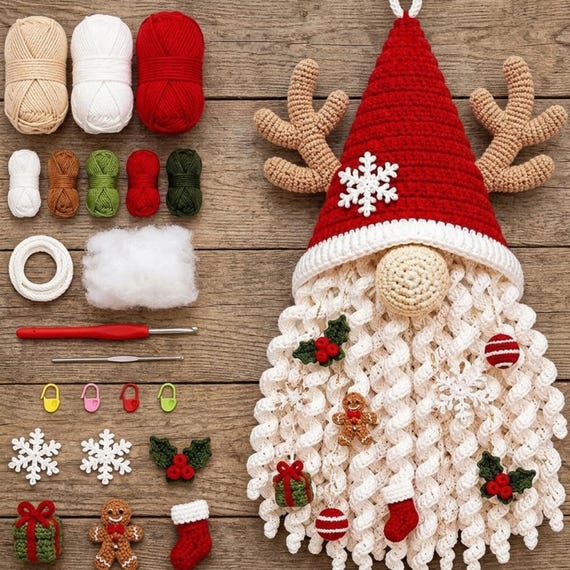 Christmas Crochet Door Hanging Kit DIY Reindeer Gnome Yarn Craft Set 3D Handmade Holiday Wall Decor Crochet Lover Gift Ornament