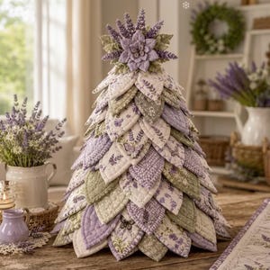 Pode incluir: Um ornamento decorativo em forma de cone feito de pétalas de tecido em camadas em tons de lavanda, verde sálvia e branco. As pétalas apresentam texturas acolchoadas e padrões de ramos de lavanda e borboletas, rematadas com um detalhe floral.