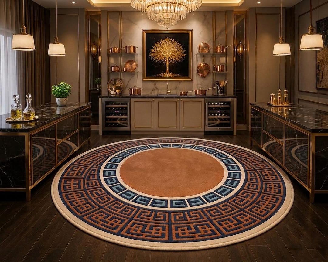 Greek Round Rug Texture Luxury Round Greek Key Rug, Hand Tufted Wool Carpet, Blue Orange ...