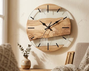 Live Edge Wood and Clear Glass Wall Clock – Handmade Rustic Boho Home Decor Silent Large Wall Clock