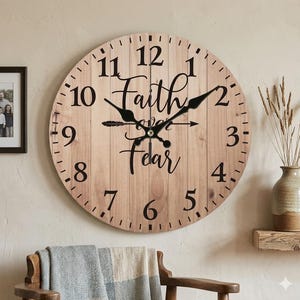 Faith Over Fear Rustic Farmhouse Large Wood Wall Clock Inspirational Home Decor