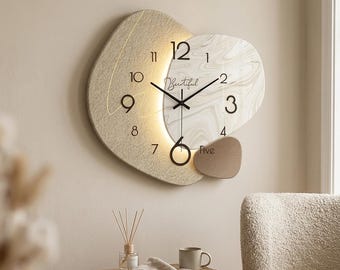 Modern Luxury Quartz Wall Clock Beige Marble Aesthetic Organic Shape Living Room Silent Decorative Home Decor