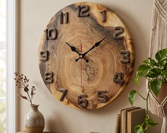 Rustic Live Edge Wood Wall Clock – Natural Wood Slab Large Wall Clock Handmade Boho Home Decor