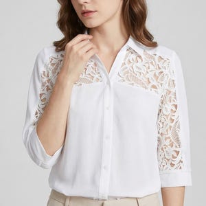 Damesblouse dames chiffon patchworkkant - button-down zomertop met holle mouwen - elegante losvallende shirts