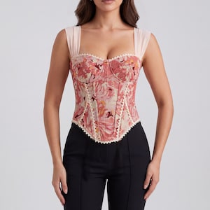 Women Floral Lace Trim Corset Top - Strapless Jacquard Cami Top - Ribbon Detail Going Out
