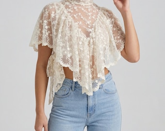 Women’s Sheer Lace Cape Blouse - Boho Summer Overlay Top - Floral Mesh Shirt