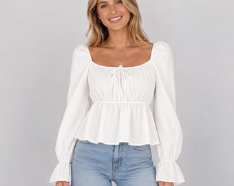 Women's Puffed Sleeve Blouse | Square Neckline Ruffle Cuff Top | Cinched Waist Romantic Blouse | Casual Everyday Wear