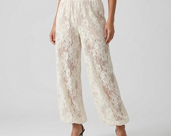 Women's Lace Wide Leg Palazzo Pants, High Waist Romantic Trousers, Floral Sheer Summer Jogger
