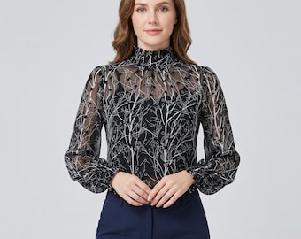 Chiffon Blouse Long Sleeve Floral Print | Sheer Branch Print Top | Stand Collar Casual Shirt | Work to Weekend Wear