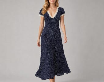 Navy Polka Dot Maxi Dress | V-Neck Lace Trim A-Line Summer Party Dress