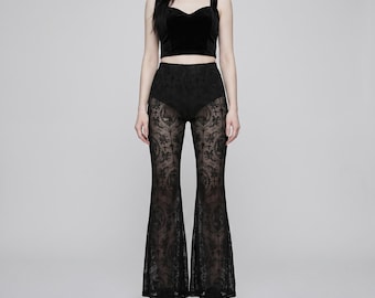 Gothic Lace Flare Pants | Sheer Mesh High Waist Bell Bottom Trousers | Grunge Punk Alt Fashion Clothing | Gift for Her