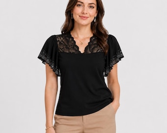 Lace Mesh V-Neck Top | Diamond Studded Flutter Sleeve Blouse | Y2K Streetwear Tee | Harajuku Casual Shirt | Gift for Her