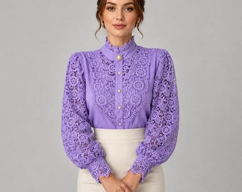 Hollow Out Lace Blouse | Stand Collar Button Front Office Shirt | Sheer Floral Top