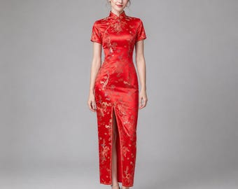 Floral Brocade Cheongsam Dress | Mandarin Collar Formal Gown with Side Slit