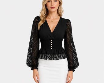 Women V Neck Blouse | Lantern Sleeve Peplum Top | Sheer Mesh Cinched Waist Blouse | Date Night Office Wear | Elegant Evening Top