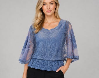 Embroidered Lace Butterfly Sleeve Blouse | Sheer Chiffon Boho Summer Top