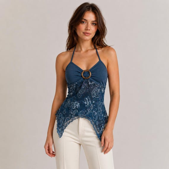 Women's Halter Camisole Paisley Print Mesh Splice | Backless Fitted Crop Top | Summer Date Night Festival Casual Wear