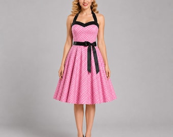 Pink Polka Dot Halter Swing Dress | Retro Pin Up Fit & Flare Party Silhouette